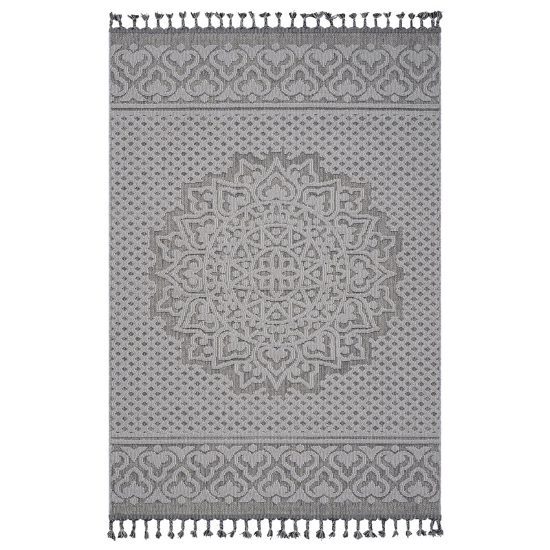Collection Gray/White /Medallion Indoor/Outdoor Area Rug, Rectangle 6'7" x 7'9"