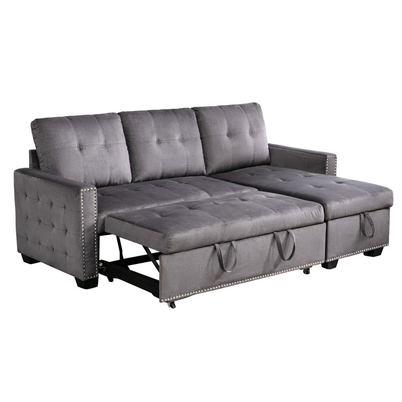 Dark Grey Velvet 77 Inch Reversible Sectional With Storage And Removable Cushions For Living Area Sleeper In Modern Home