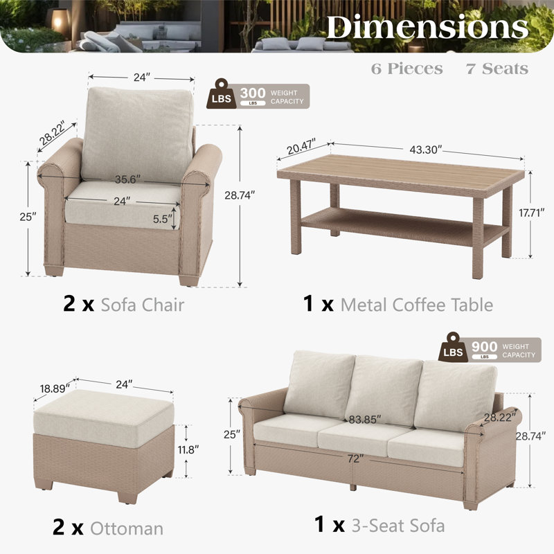 Canapé d'extérieur en rotin de patio avec repose-pieds et table basse double, Beige, Oui
