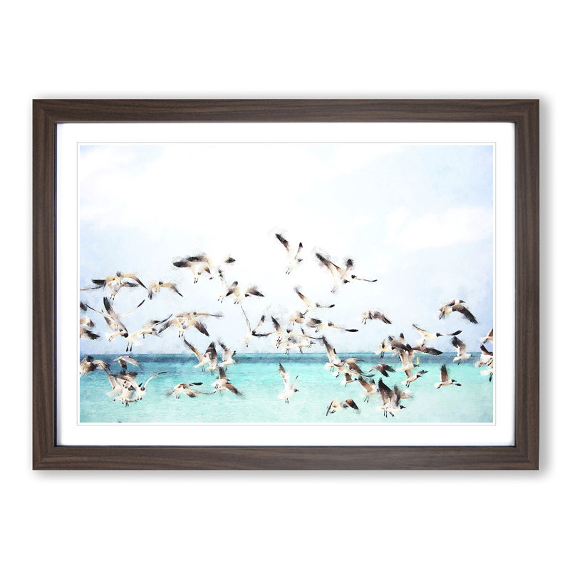 Flock Of Seagulls Over The Sea - Single Picture Frame Print on MDF, 24cm H x 33cm W x 2cm D, Walnut Framed