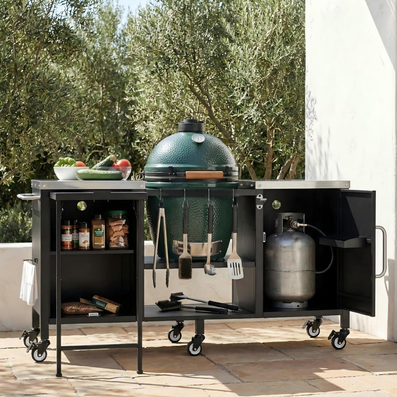 72.4-Inch Large BBQ Table With Metal Structure Compatible With Multiple Grills, Featuring A Folding Preparation Table And Adjustable Shelves.