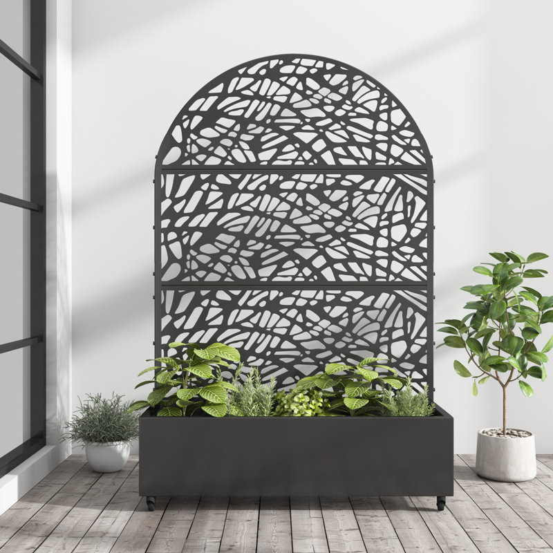 Arch Metal Planter Box with Trellis with Wheels, 72" H x 47" W x 16" D