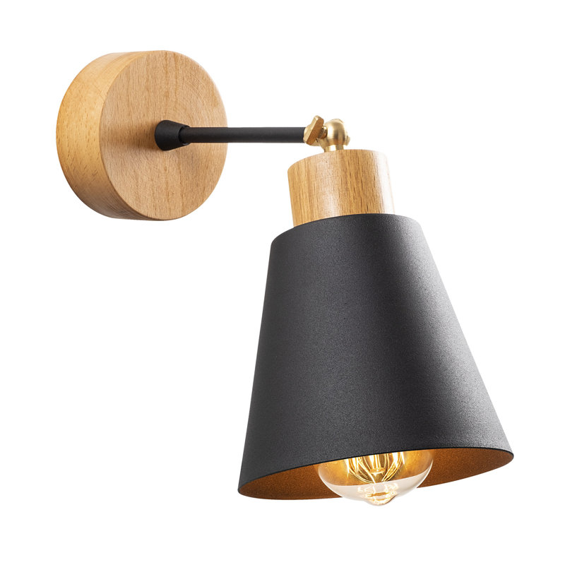 Modern Industrial Wall Lamp, Black & Oak, 5.5 in Diameter x 9.8 in Height | Metal Body with Wooden Base | E27 Socket, Max 40W | IP20 Rated, Perfect for Scandinavian Home Décor & Novelty Lighting