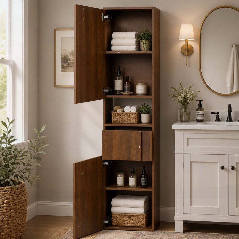 Grande armoire de rangement étroite en bois avec portes et tiroir pour l'organisation compacte du salon