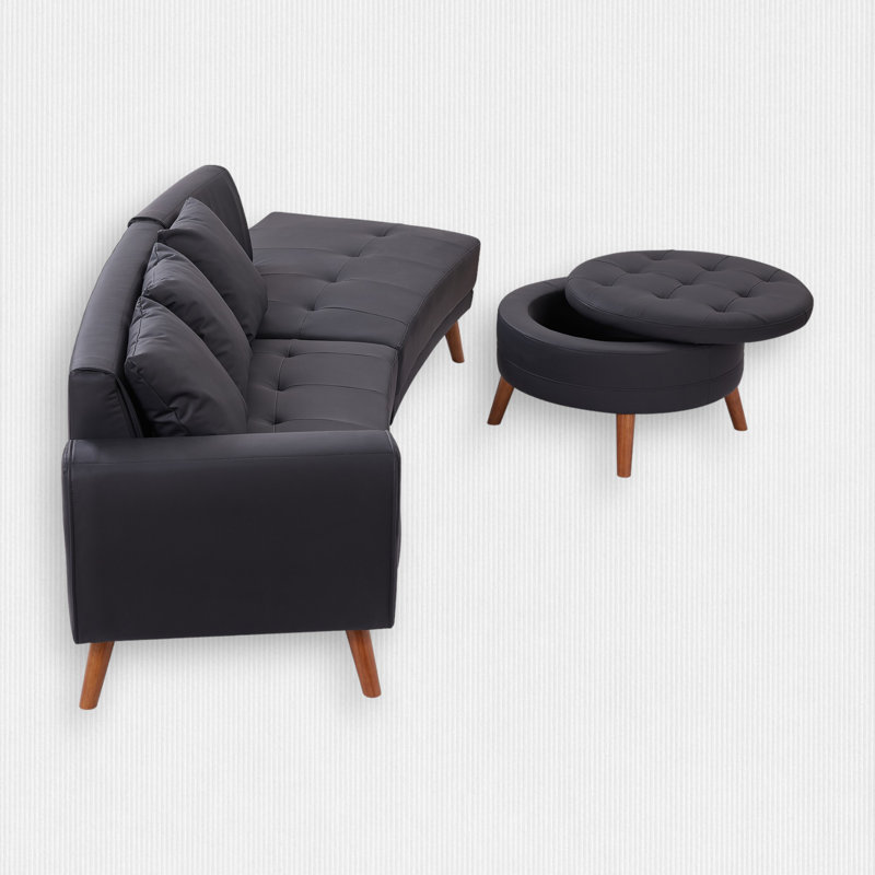 Canapé modulaire 2 pièces avec repose-pieds, Similicuir noir