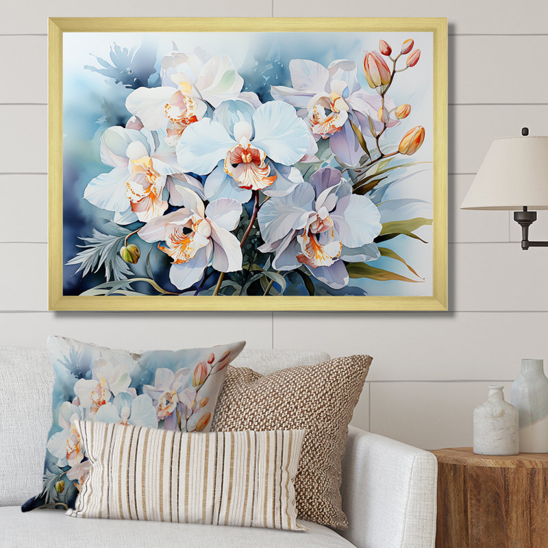 Orchidées grises sur la plage sur toile, Cadre doré simple, H 12 po x l 20 po x P 1 po