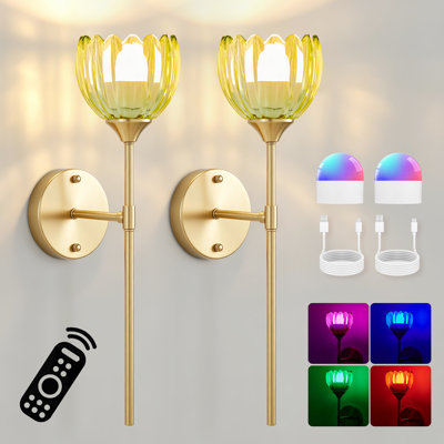 Set of 2 Battery Operated Wireless Wall Sconces with Rechargeable LED Bulbs and Remote Control, RGB Dimmable Lights with Tulip Glass Shades