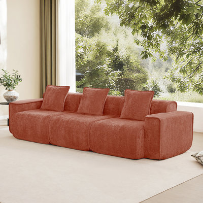 Streamlined Design Deep Seat Modular 3 Seat Boneless Sofa With French Edge Piping,No Assembly Required, Modern Modular 3-Seat Sofa Couch With Throw Pillows,Velvet Fabric Red