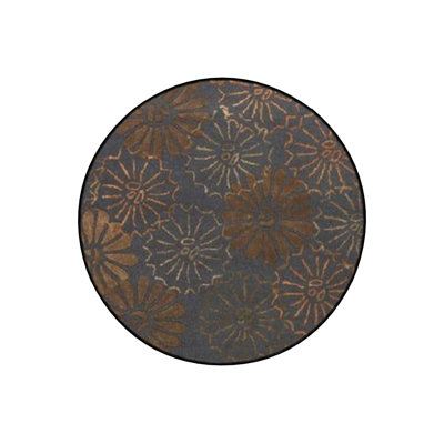 Round Gray Brown Flower Detailed Woven Base Modern Decorative Machine Washable Rug
