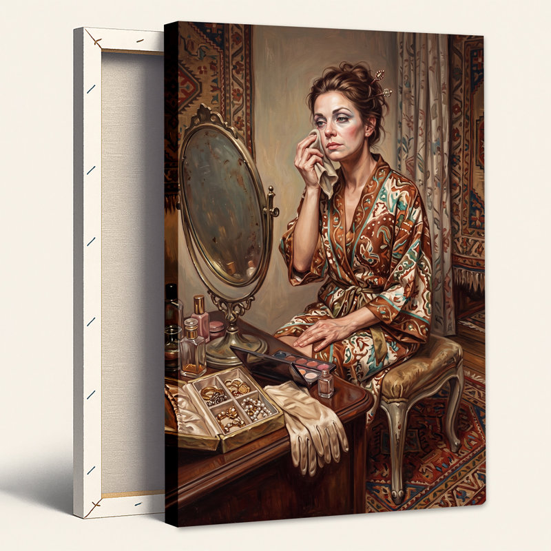 Femme à la robe de chambre à motif, peinture à l'huile sur toile, 48"H x 32"W
