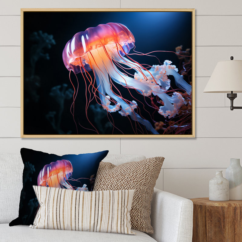 «Weldin Jellyfish Oceans Glow I», reproduction sur toile, Cadre naturel flottant, H 12 po x l 20 po x P 1 po
