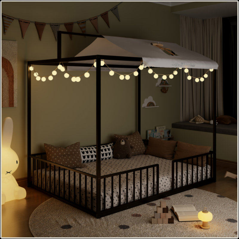 Lit convertible en métal 3 en 1 Montessori, lit pour tout-petits clôturé avec support en lattes de métal robuste, lit à baldaquin de conception minimaliste moderne Funland, assemblage facile