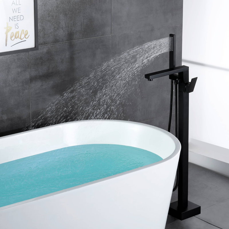 Robinet de baignoire autoportant monocommande à fixation au sol avec douche à main, Noir mat