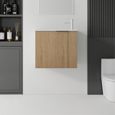 Meuble-lavabo suspendu de 56 cm (22 po), armoire murale en contreplaqué avec lavabo en céramique et portes à fermeture en douceur pour petites salles de bain