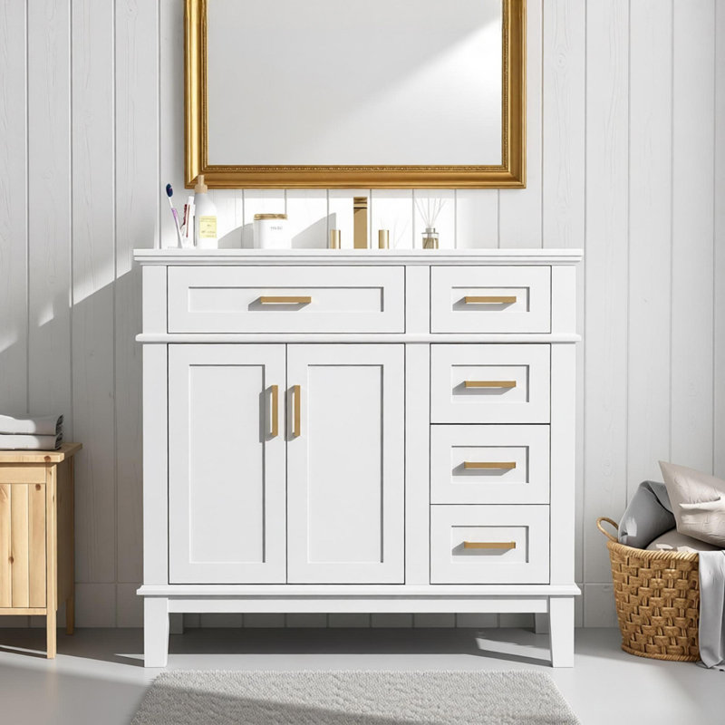 36" Modern Bathroom Vanity with Ceramic Sink, Soft Close Doors, 4 Drawers for Storage, Elegant Design for Small Bathrooms