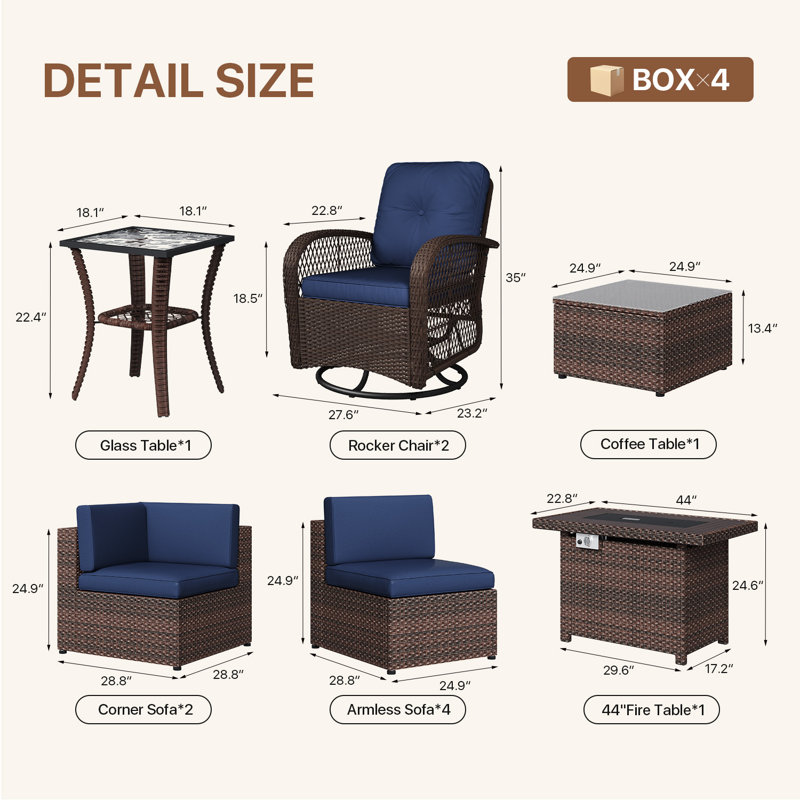 Ensemble de conversation modulaire en osier de rotin pour 8 personnes avec coussins et table de foyer d'extérieur de 44 po pour la cour arrière