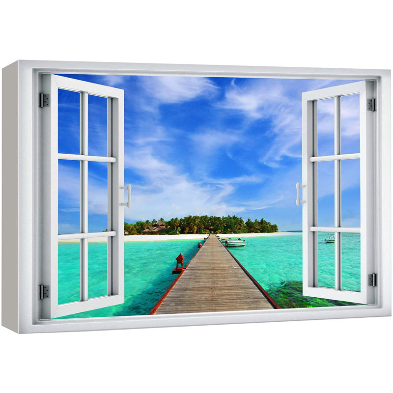 «Window View Pier To Tropical Island Holiday Getaway Wilderness Nature», reproduction sur toile, H 24 po x l 36 po x P 1,5 po