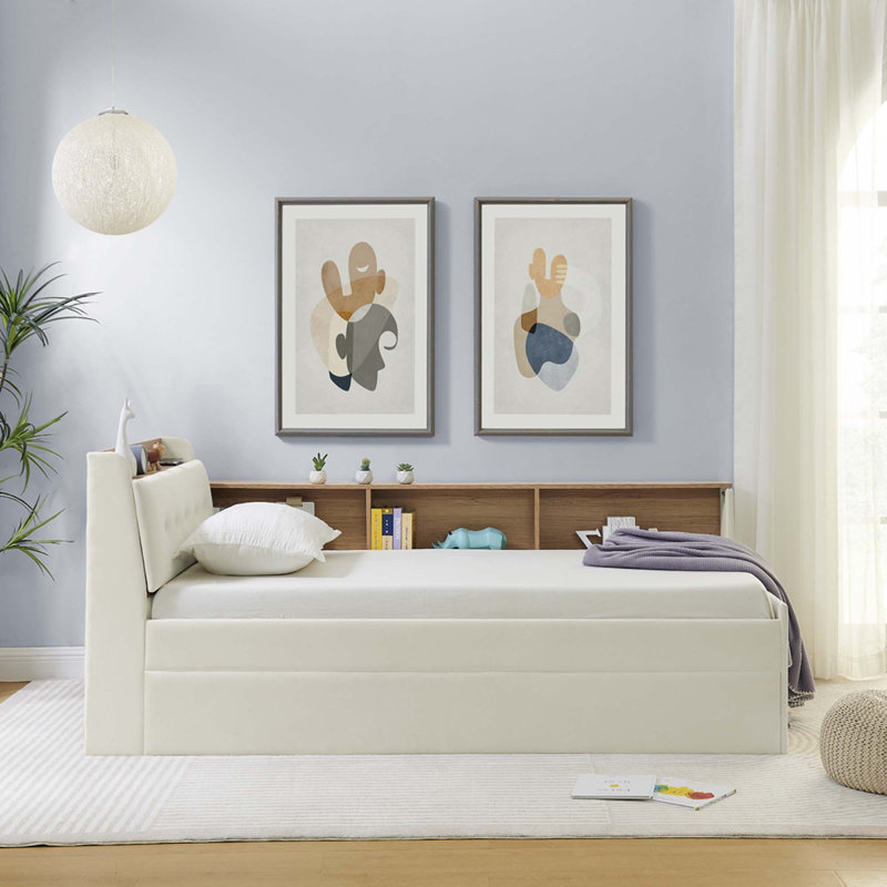 Lit de jour multifonctionnel avec lit gigogne et lumières DEL, chargement sans fil, Beige