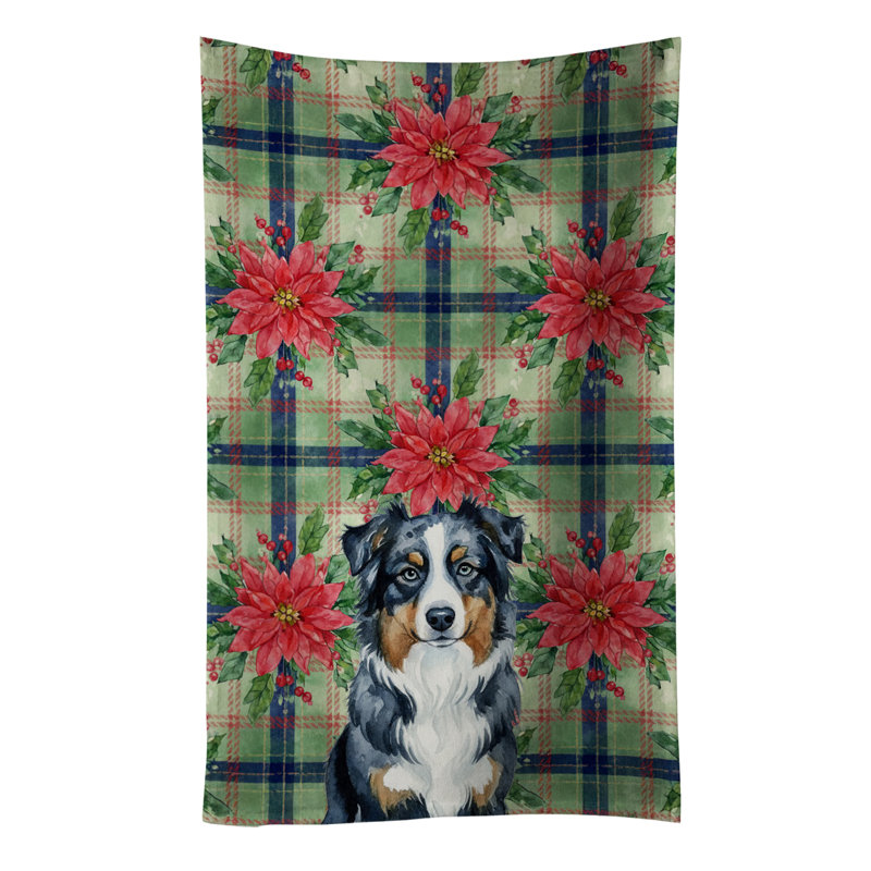 Black Australian Shepherd Christmas PoinsettIas Kitchen Towel, Black Australian Shepherd