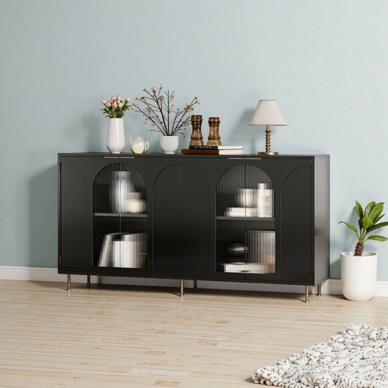 Buffet décoratif en bois laqué noir avec 4 portes en verre - Buffet de rangement moderne pour salle à manger et salon, Noir