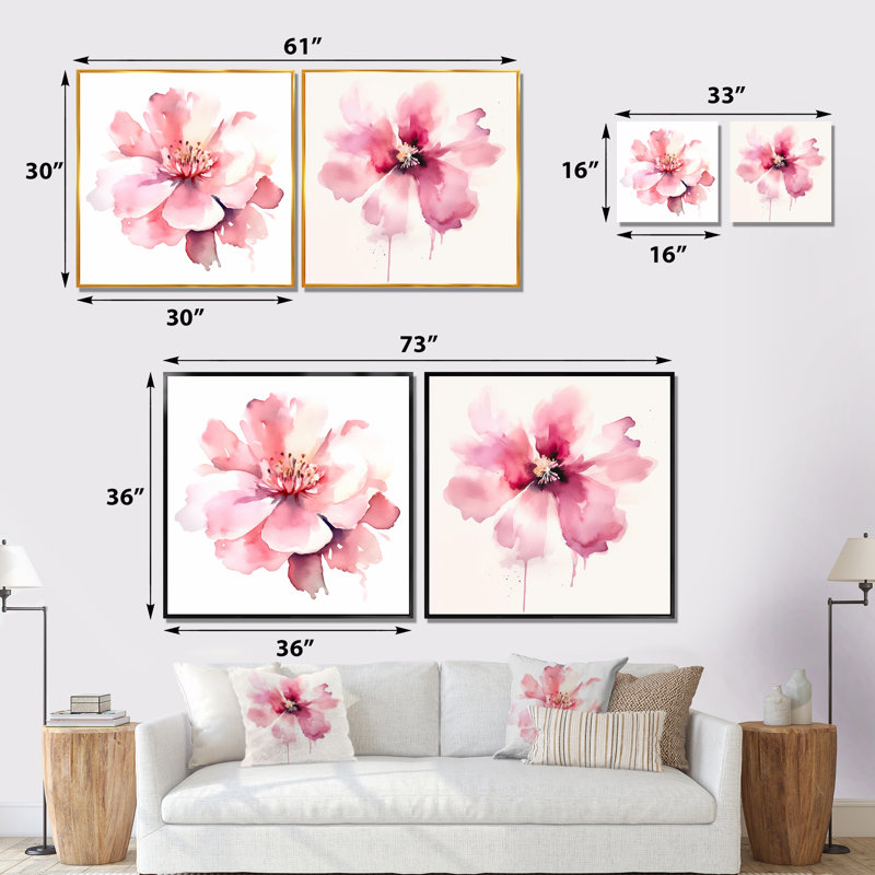 Pétunia rose et bleu sur fond blanc - ensemble de 2 fleurs carrées, Cadre flottant noir, H 16 po x l 33 po