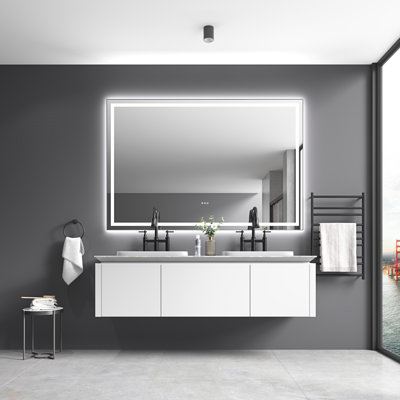Miroir de salle de bain 84 po x 48 po à DEL avec façade et rétroéclairage, miroir de meuble-lavabo mural avec cadre en aluminium, antibuée, mémoire, 3 couleurs, gradation continue