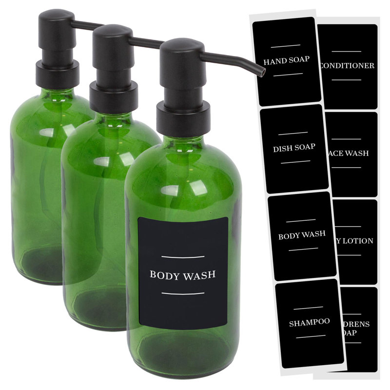Glass Soap Dispensers with Labels - 500ml, Green/Black