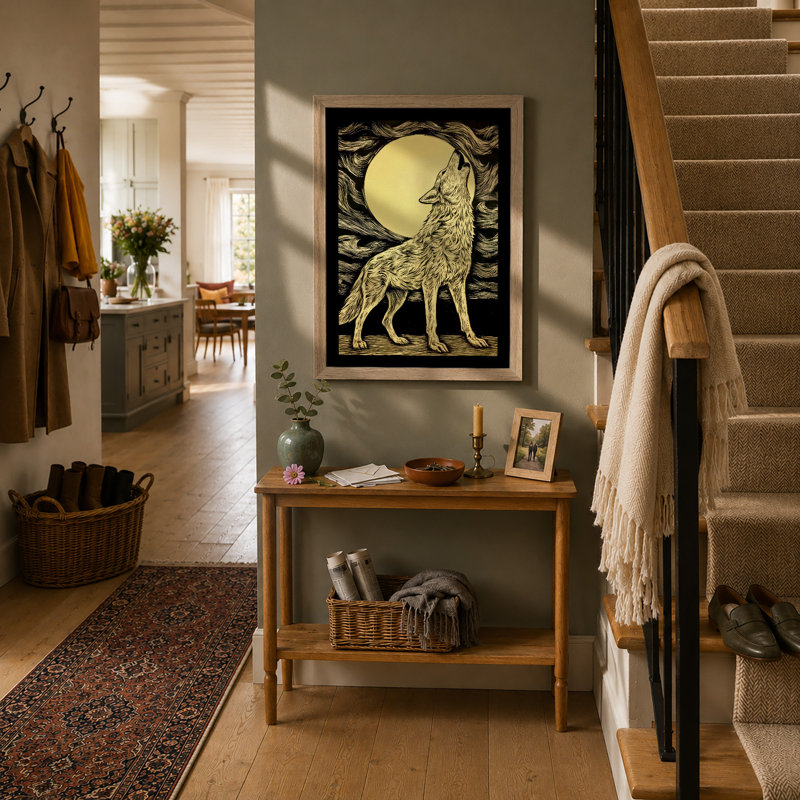 Wolf Howling At Moon Japandi - Print, A3 - 42.0 x 29.7 cm, Oak