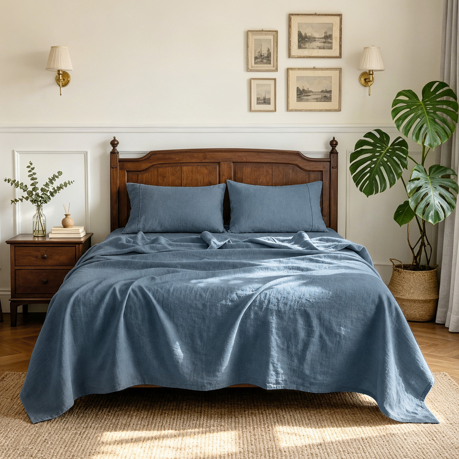 100% Flax Linen Solid Breathable Sheet Set with Pillowcases, Full, Navy
