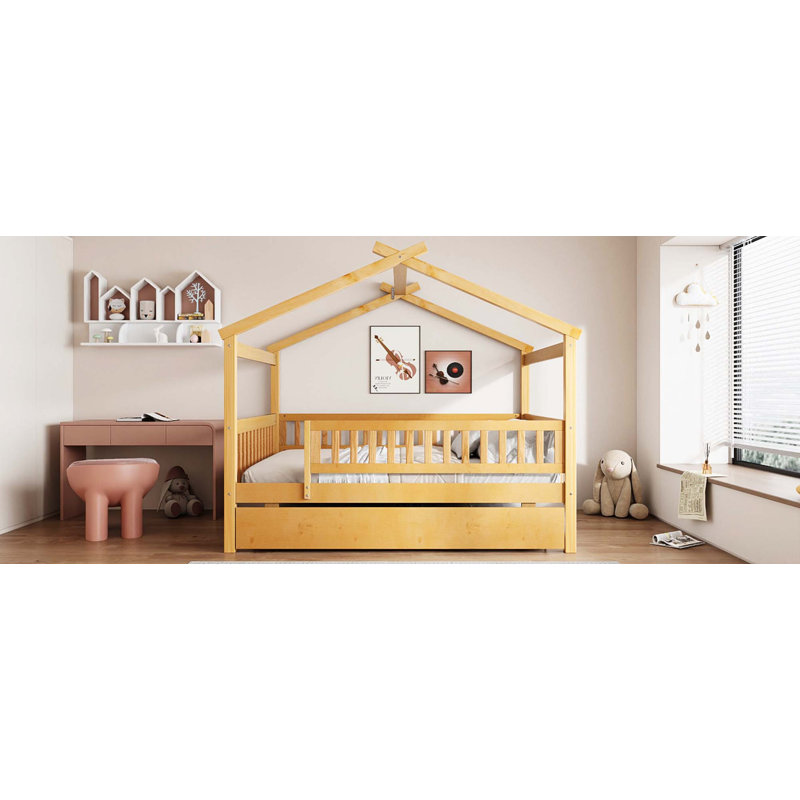Lit double pleine grandeur en bois avec lit gigogne simple, naturel, Naturel