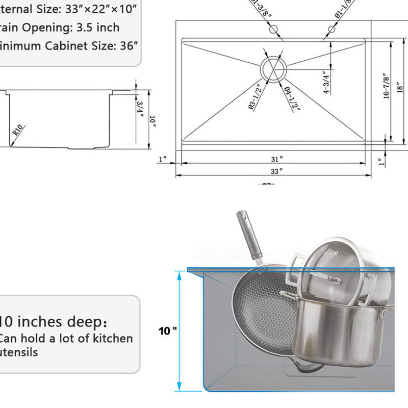 Évier de cuisine en acier inoxydable de 33 pouces - avec rebord et accessoires pour un style moderne fonctionnel