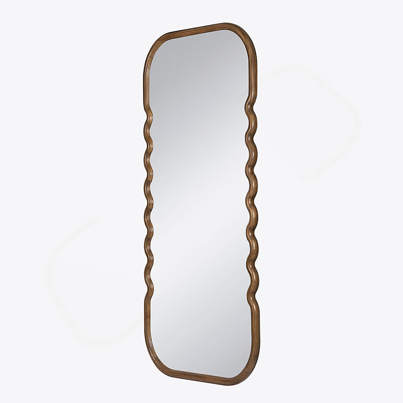 31.4X1.4X74" Oversized Wooden Floor Mirror With Unique Brown Frame