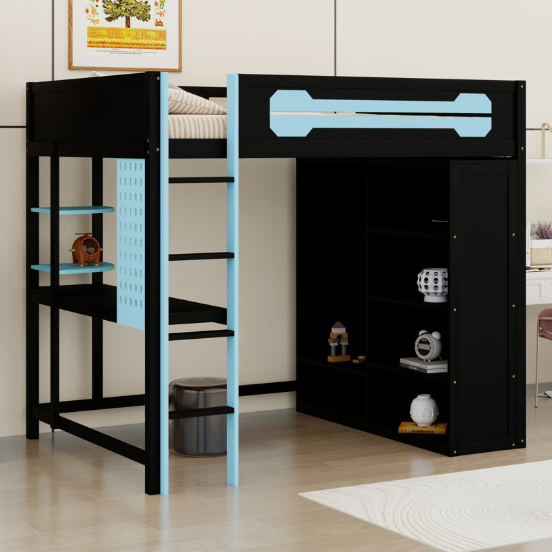 Modern Loft Bed with Integrated Desk and Open Wardrobe Storage, Blue