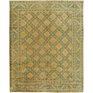 Tapis vert / jaune à motif géométrique vintage de haute qualité 8 pi x 10 pi Vintage