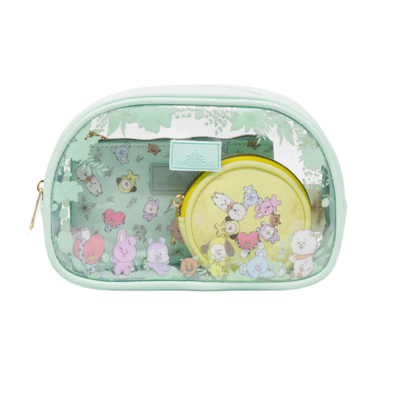 Coiffeuse Impression BT21 3 pièces Ensemble de trousses de maquillage avec grandes, moyennes et petites pochettes, organisation de maquillage avec pochette intérieure, matériau en PVC transparent, trousse de toilette de voyage pour les essentiels quotidiens des femmes