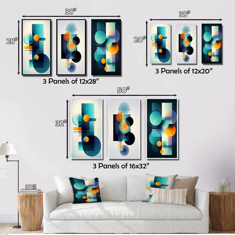 "Indépendante Curiosité rétro circulaire IV" 3 pièces, Toile tendue, H 20 po x l 36 po