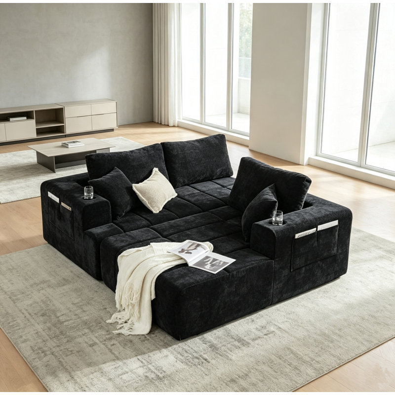 Canapé modulaire en L 108 po en chenille noir de 108 po, canapé à compression 4 places avec méridienne gauche, porte-gobelets et poches latérales, canapé rembourré sans assemblage pour salon