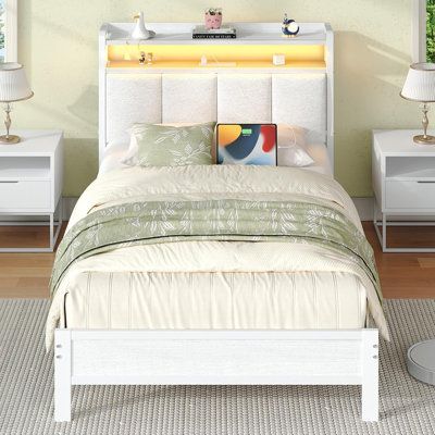 Bed Frame with Storage Headboard, Upholstered Platform Bed with Charging Station and LED Lights, Heavy Duty Metal Slats
