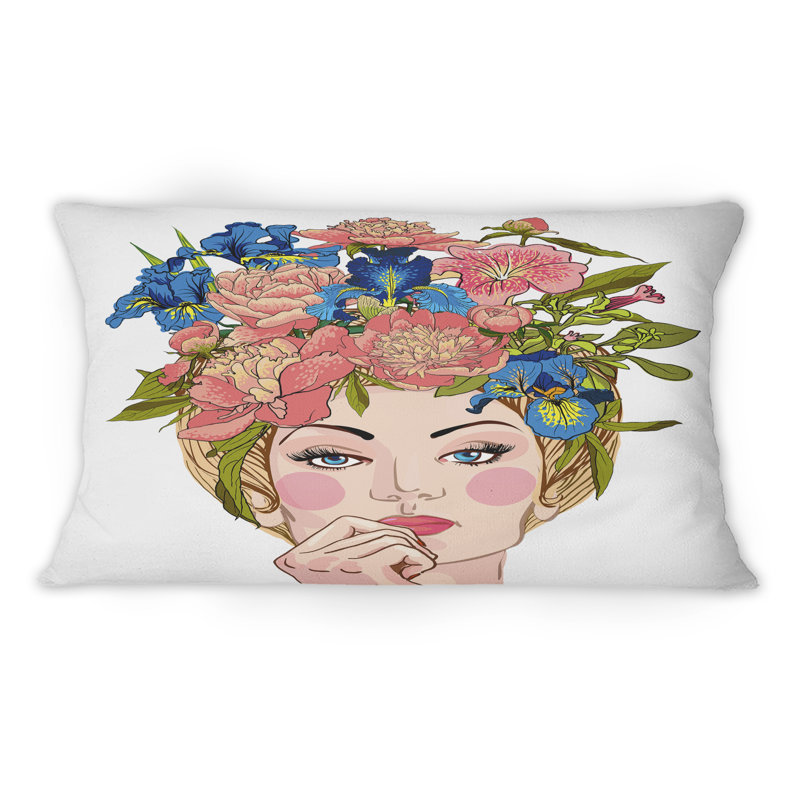 Portrait d'une femme avec une guirlande de fleurs rouges II - Coussin décoratif imprimé moderne