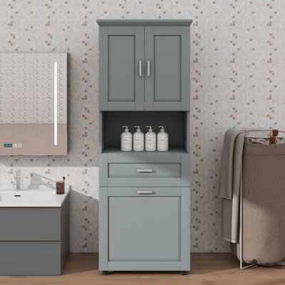 Tall Bathroom Cabinet With Laundry Hamper Integrated Doors And Upper Open Storage Compartment