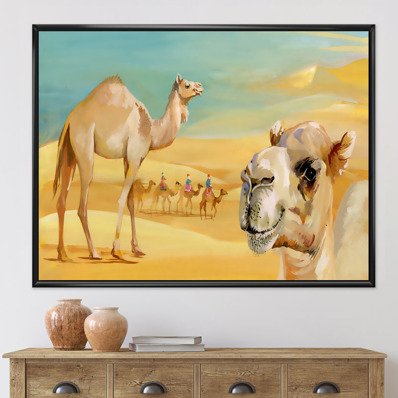 Chameaux dans le désert - Peinture sur toile, H 30 po x l 40 po x p 1 po, Toile avec cadre noir