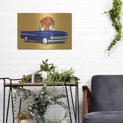Art mural en métal Trinx «Brown Dachshund Blue Truck» par Danny Gordon