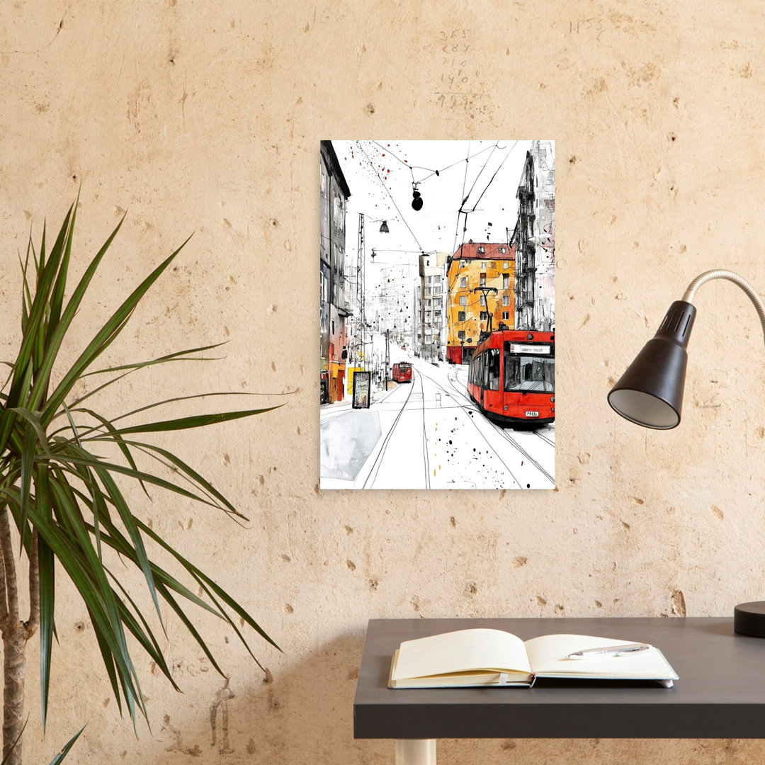 Red Tram Cityscape Vibrant Abstract Contemporary Architecture City Wall Art Print