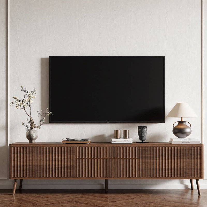 Meuble télé 70 po sans poignée pour téléviseurs de 65 à 80 po, console multimédia en noyer moderne avec portes à pousser, tiroirs profonds et standard, charnières à fermeture en douceur, gestion des câbles