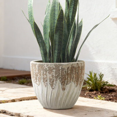 14'' Dia Two Tone Ivory Large Round Plant Pots, Modern Indoor Outdoor Ceramic Planter
