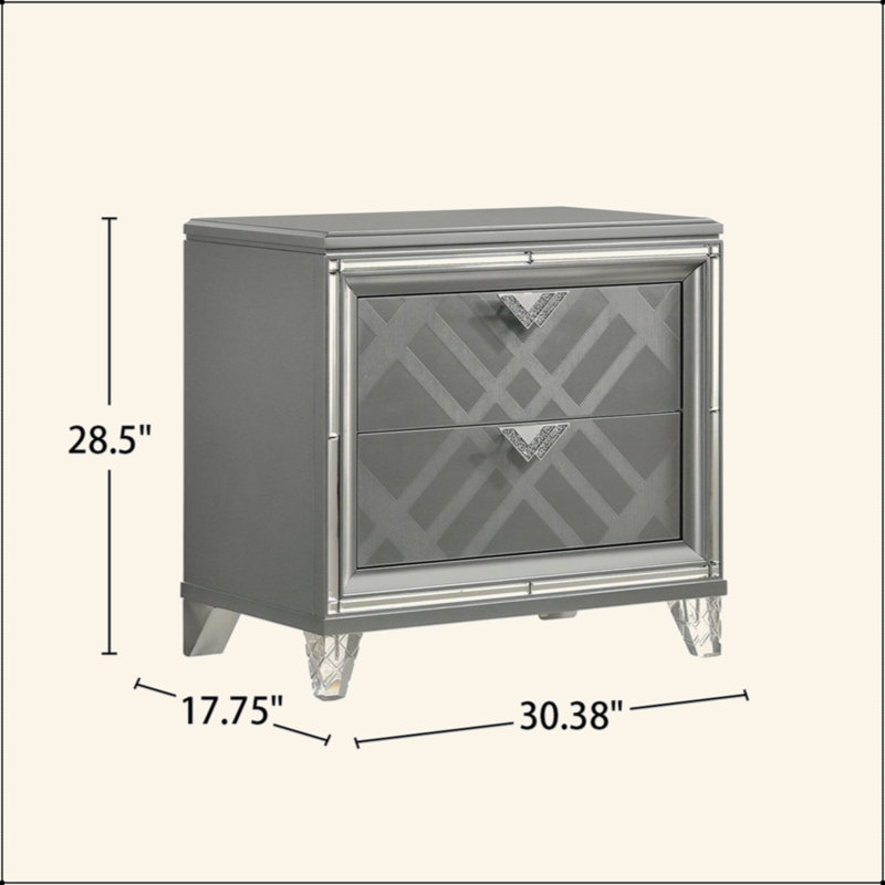 Table de chevet 2 tiroirs avec bordure miroir, argent