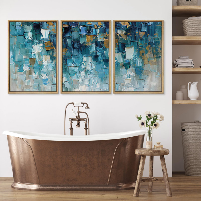 «Cerulean Cityscape», 3 pièces sur toile, Cadre flottant blanc, H 36 po x l 72 po