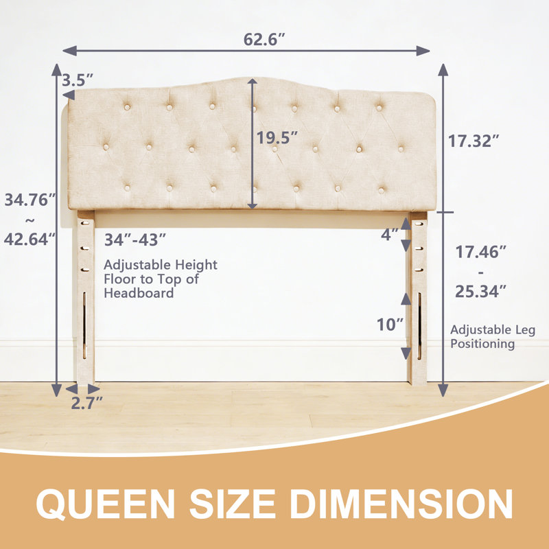 Linen Upholstered Headboard-Modern-Adjustable Height-Button Tufting, Beige, Queen