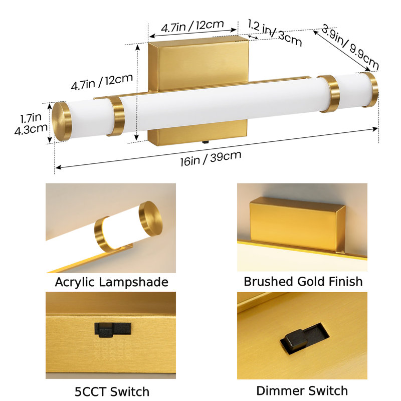 Applique murale moderne de 40 cm (16 po) à intensité variable pour salle de bain, avec tube cathodique 5CCT, Brushed Gold
