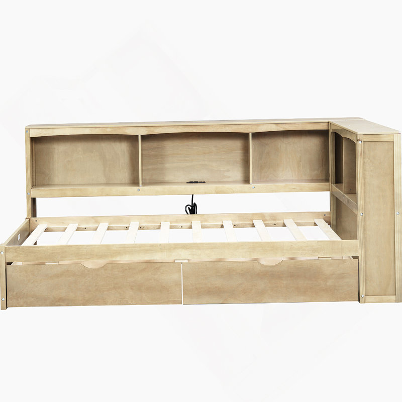 Lit de jour simple avec deux tiroirs de rangement, armoires de rangement et ports USB, couleur bois, Bois